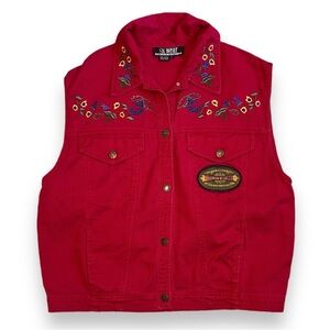 Vintage SK & Company Size L Burgundy Embroidered 100% Cotton Denim Jean Vest